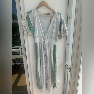 O'Neill Green and Cream Striped Midi Dress